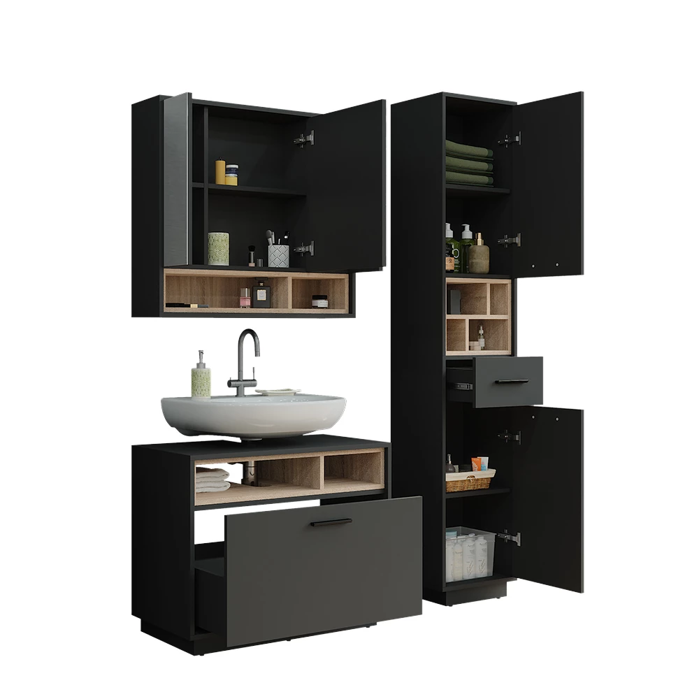 Vicco Badmöbel-Set Anthrazit/Sonoma 3 Teile mit Hochschrank, Beatrice