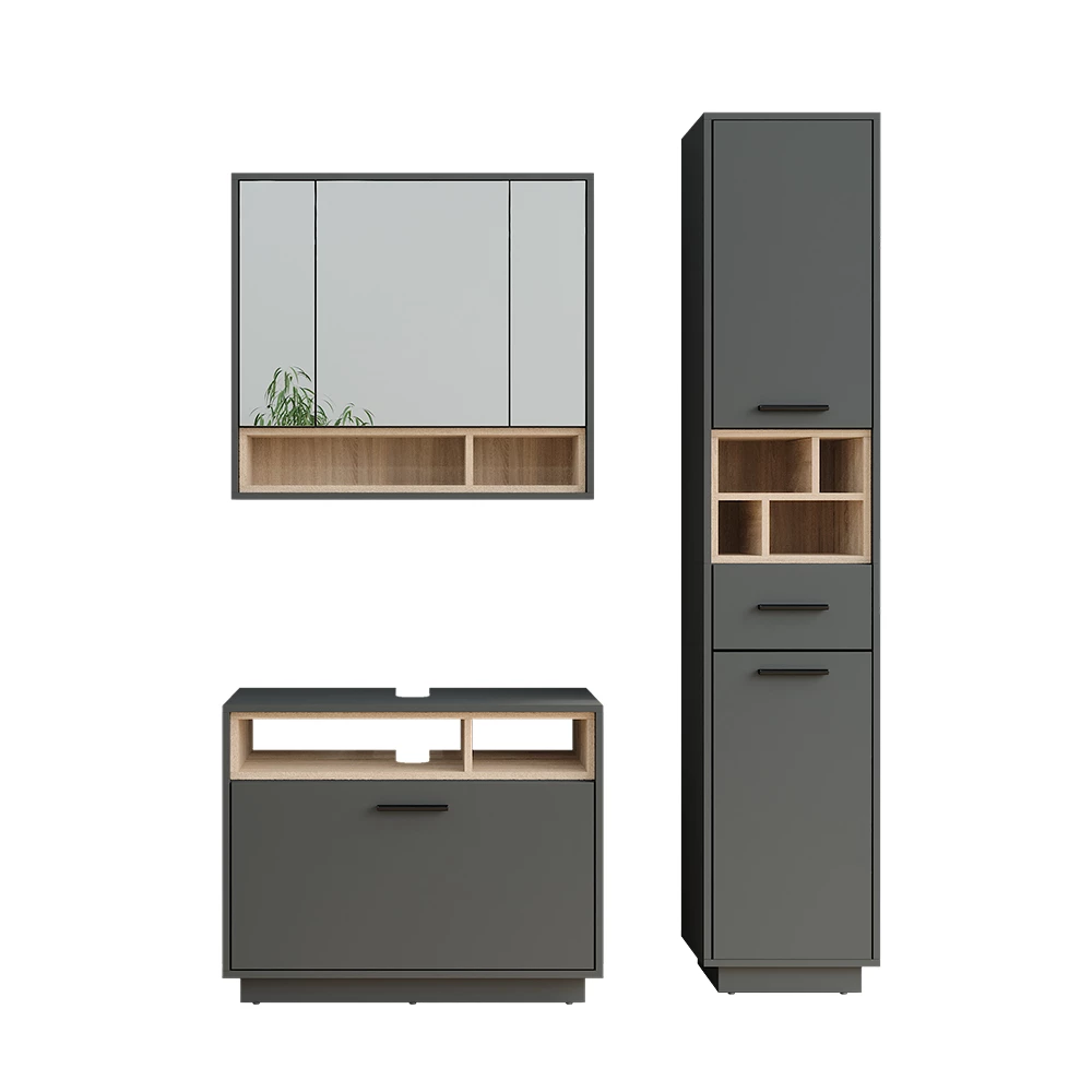Vicco Badmöbel-Set Anthrazit/Sonoma 3 Teile mit Hochschrank, Beatrice