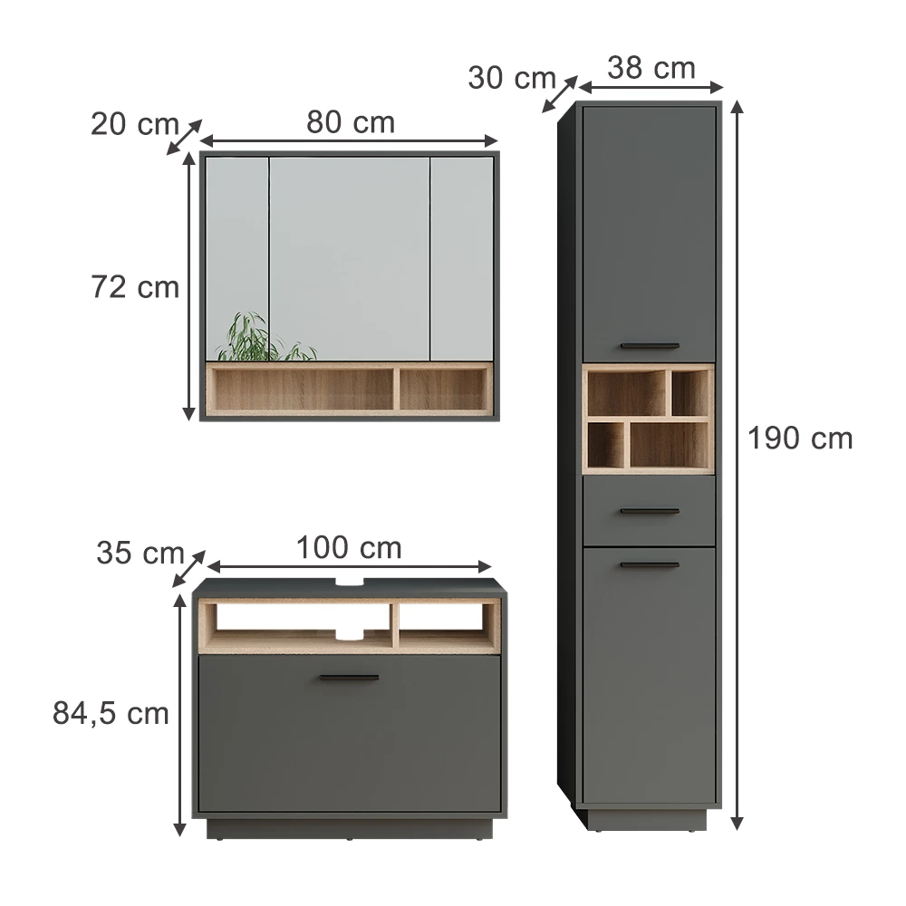 Vicco Badmöbel-Set Anthrazit/Sonoma 3 Teile mit Hochschrank, Beatrice