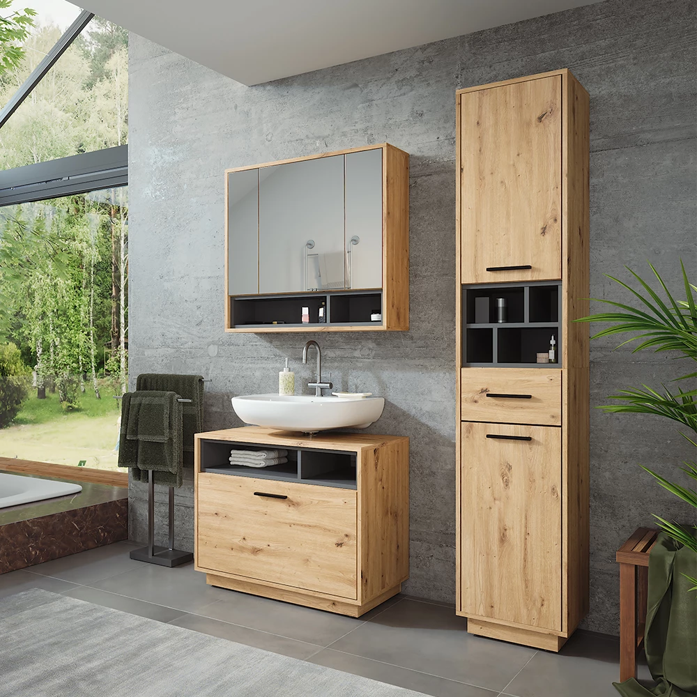 Vicco Badmöbel-Set Artisan Eiche/Anthrazit 3 Teile mit Hochschrank, Beatrice