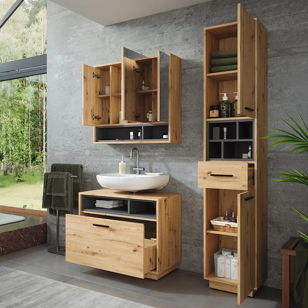 Vicco Badmöbel-Set Artisan Eiche/Anthrazit 3 Teile mit Hochschrank, Beatrice