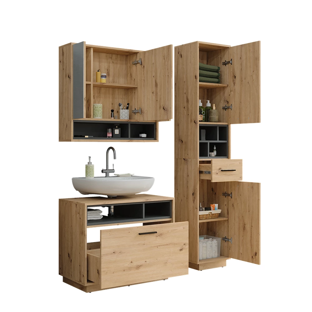 Vicco Badmöbel-Set Artisan Eiche/Anthrazit 3 Teile mit Hochschrank, Beatrice