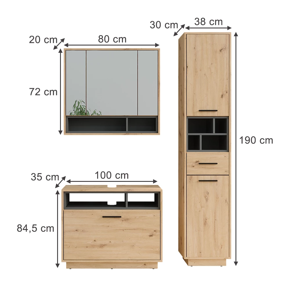 Vicco Badmöbel-Set Artisan Eiche/Anthrazit 3 Teile mit Hochschrank, Beatrice