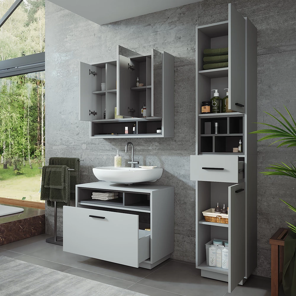 Vicco Set di mobili da bagno Grigio/antracite 3 parti con colonna, Beatrice