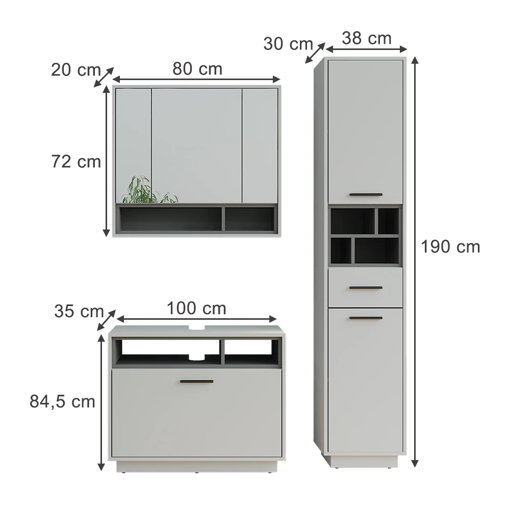 Vicco Set di mobili da bagno Grigio/antracite 3 parti con colonna, Beatrice