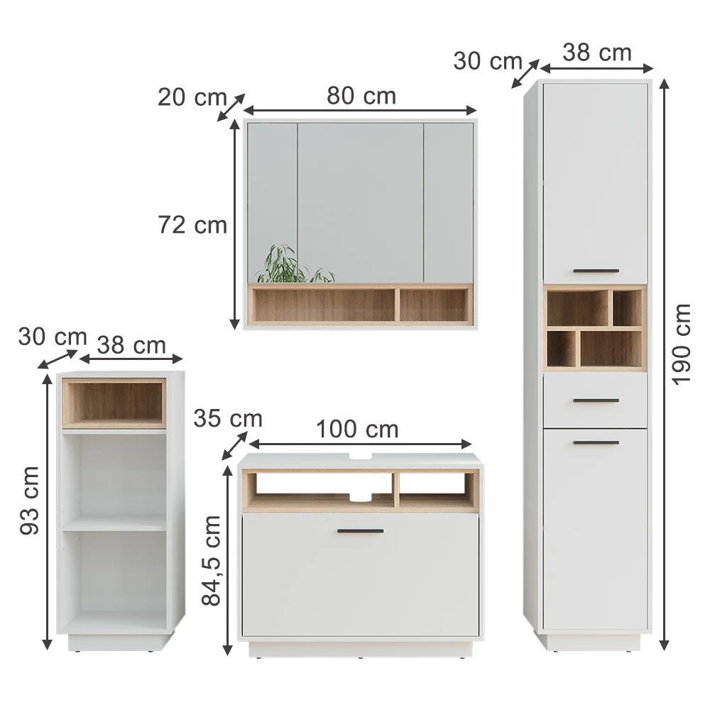 Vicco Conjunto de móveis de banheiro Branco/Sonoma Set 4, Beatrice