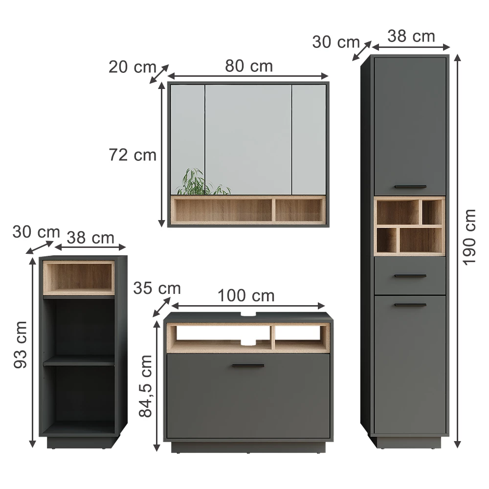 Vicco Badkamermeubelset Antraciet/Sonoma Set 4, Beatrice