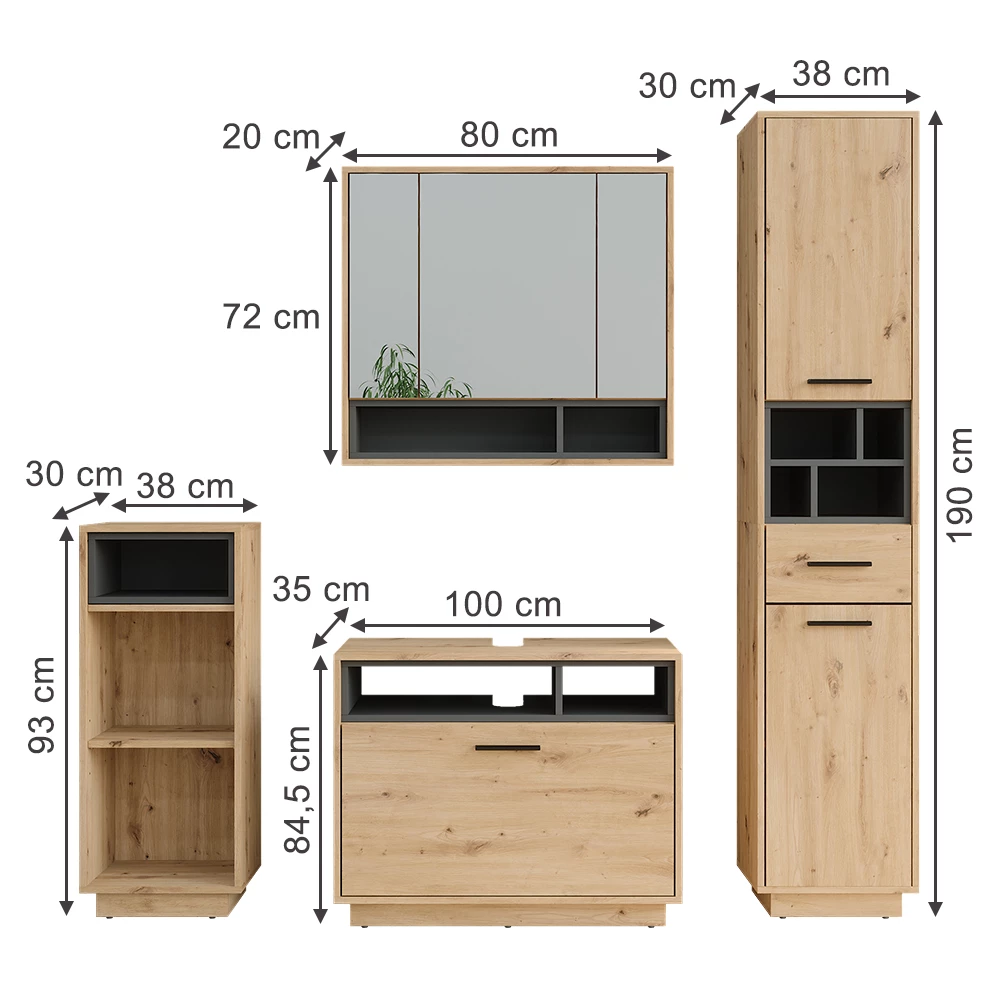 Vicco Badkamermeubelset Artisanaal eiken/antraciet Set 4, Beatrice