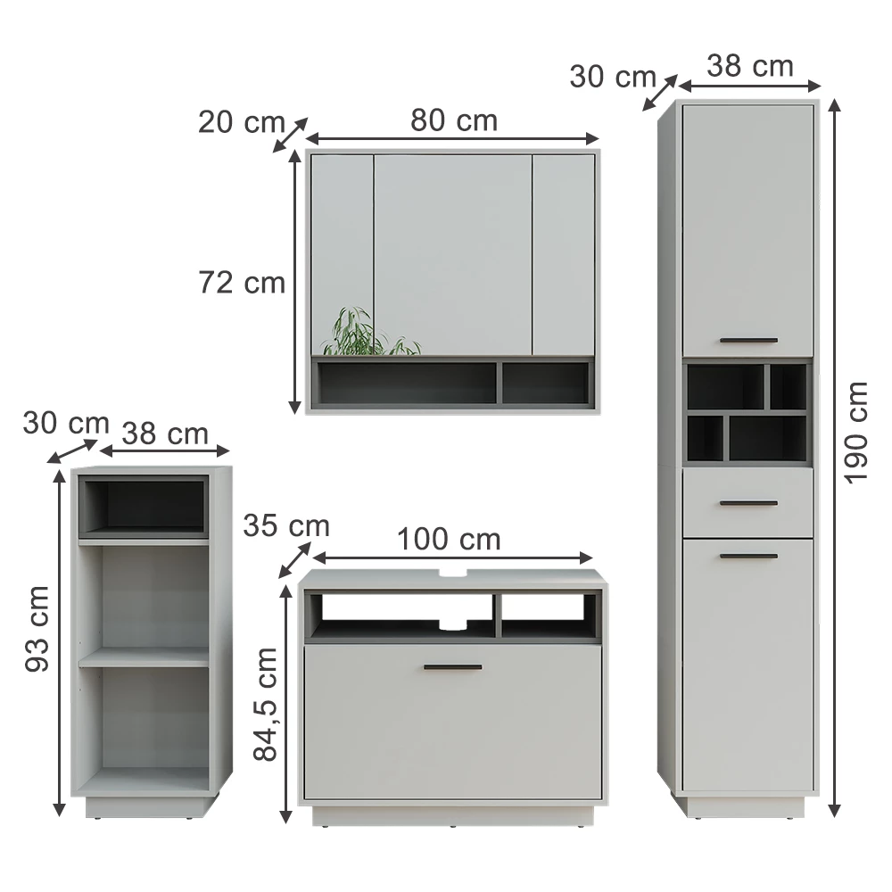 Vicco Badkamermeubelset Grijs/antraciet Set 4, Beatrice