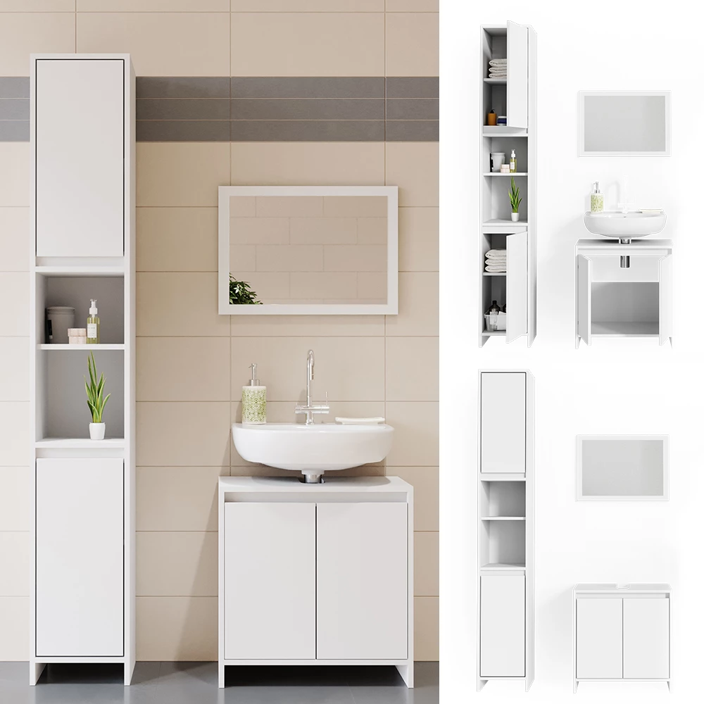 Set di mobili da bagno in Bianco, mostrato in un ambiente ambientale e su sfondo bianco