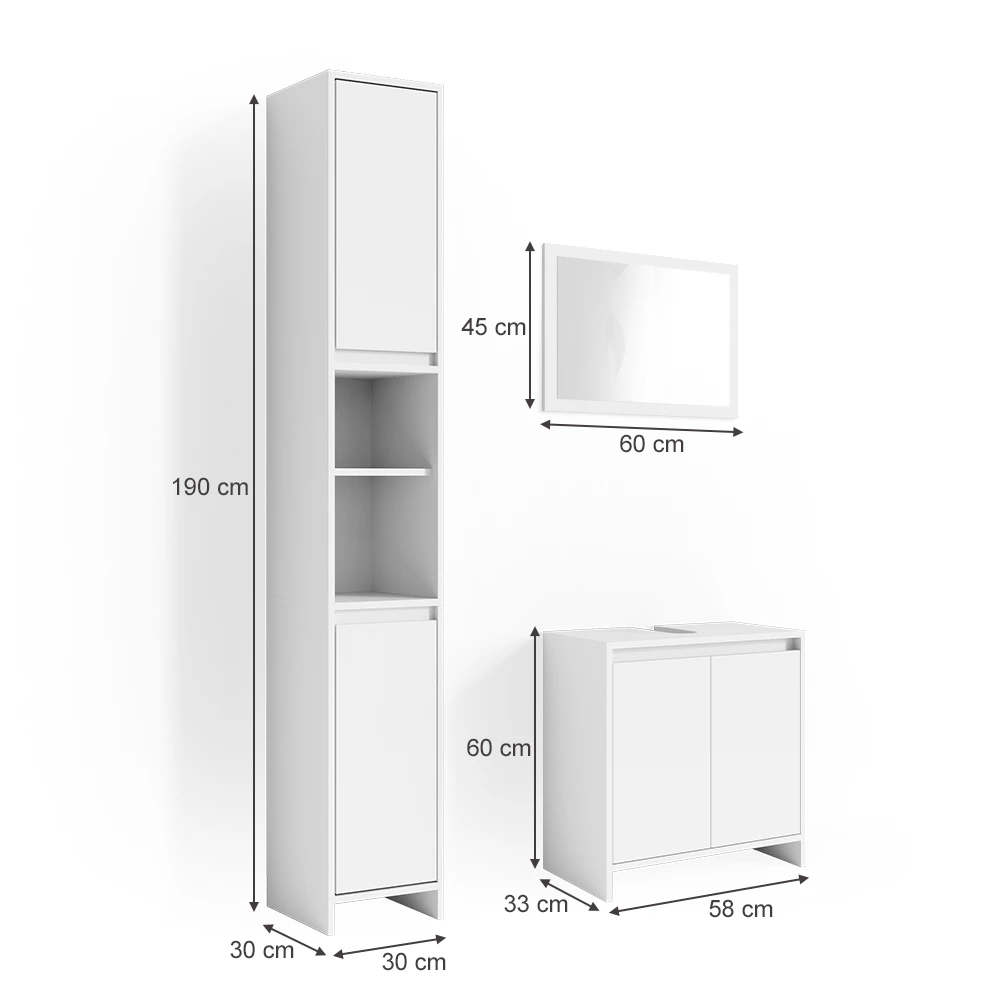 Set di mobili da bagno in Bianco su sfondo bianco con dimensioni visibili