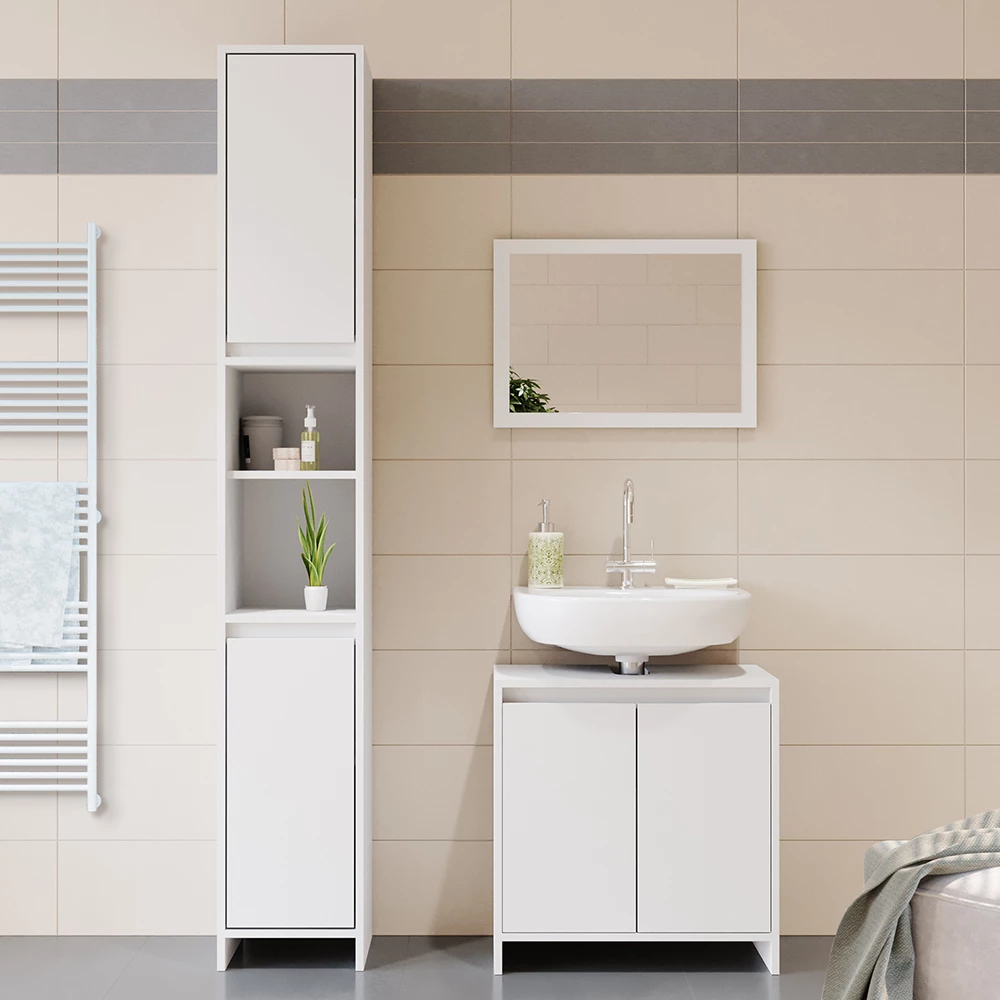 Set di mobili da bagno in Bianco, mostrato in un ambiente ambientale con decorazioni