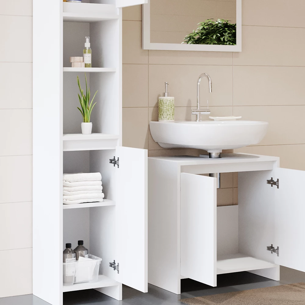 Primo piano di Set di mobili da bagno in Bianco, mostrando texture/dettagli