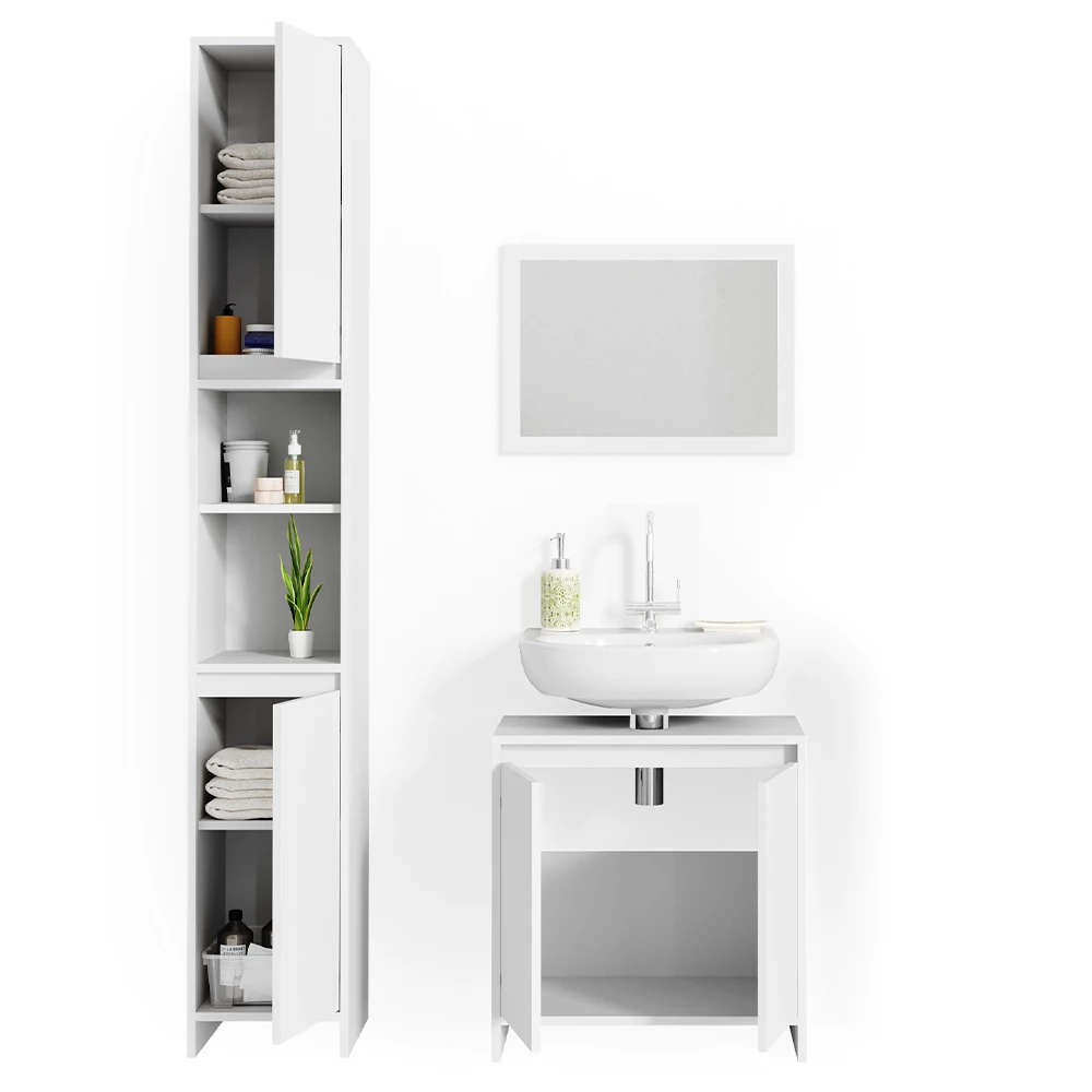 Set di mobili da bagno in Bianco su sfondo bianco con elementi decorativi
