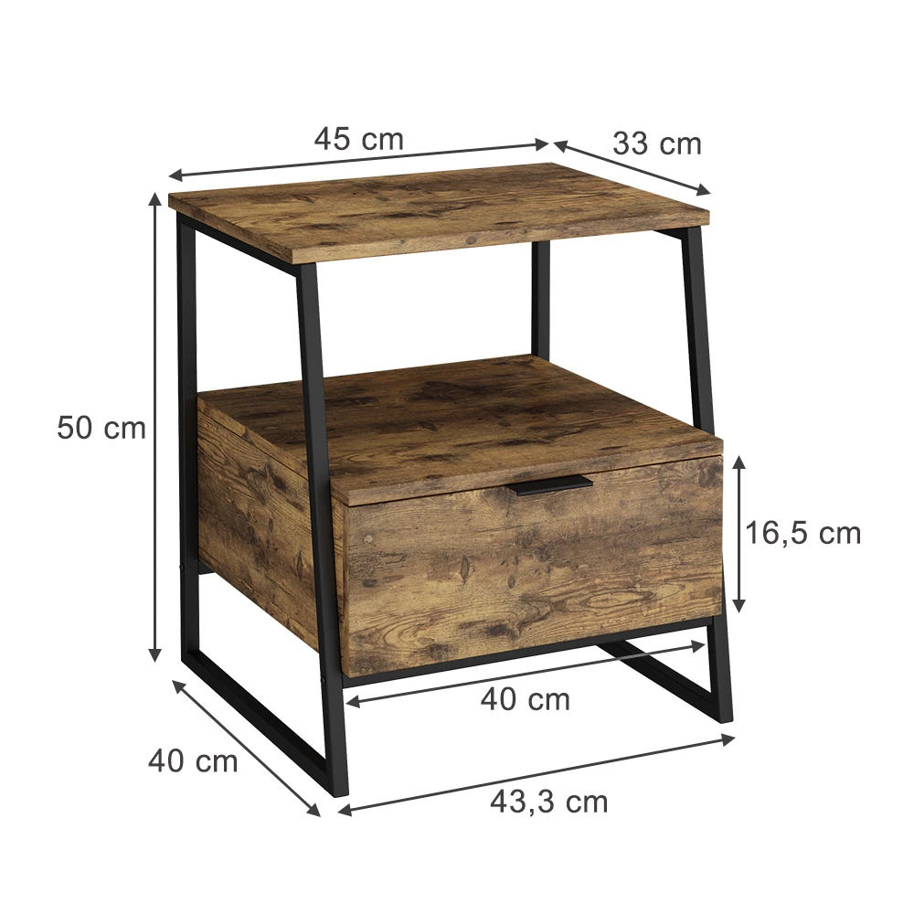 Bedside table in Rustic oak/black on white background
