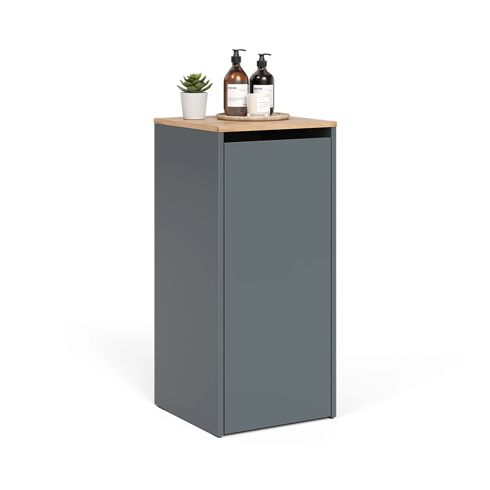 Badkamerkast in Antraciet/gouden eik op een witte achtergrond met decoratieve elementen