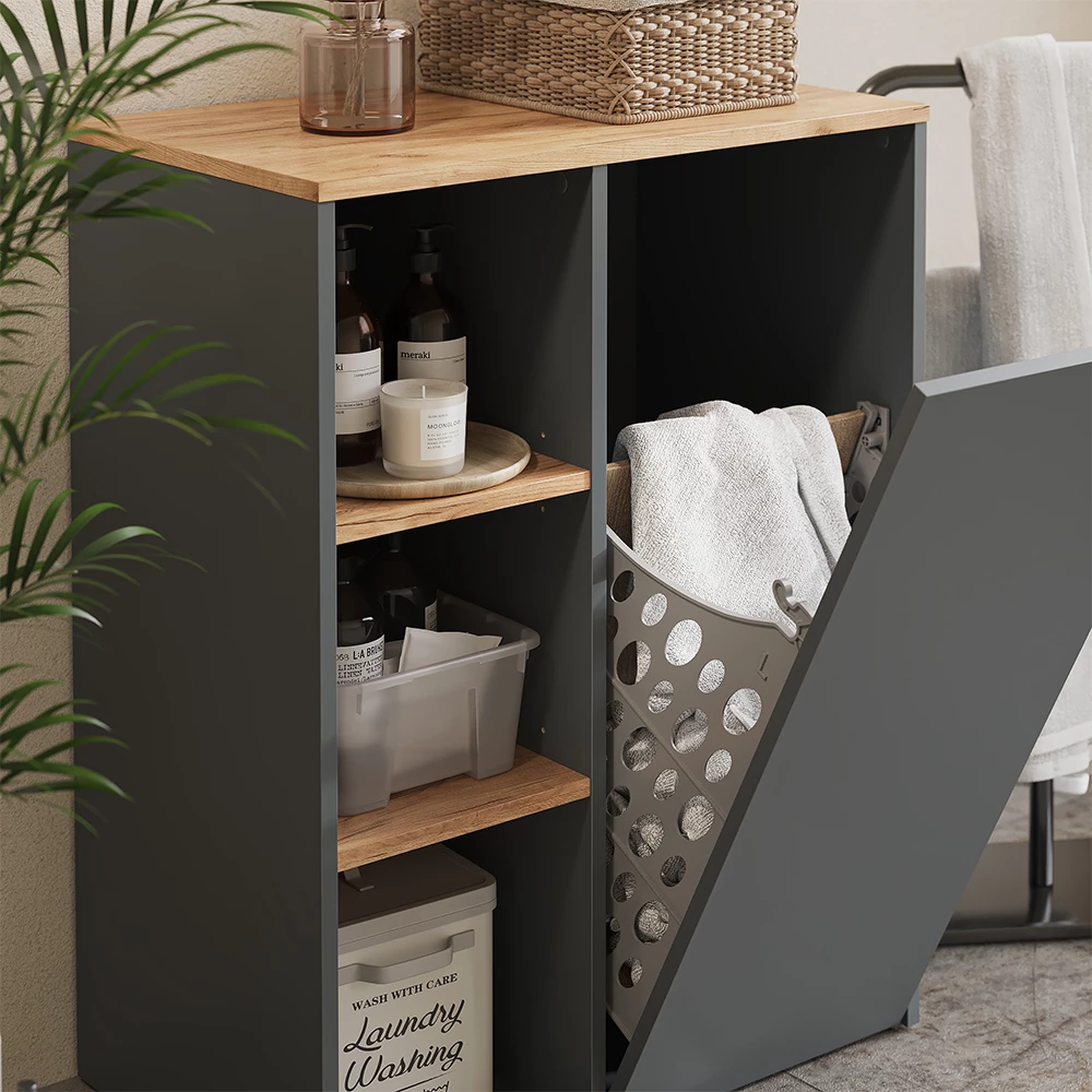 Vicco Badschrank "Viktor", Anthrazit/Goldkraft Eiche, 68 x 88.2 cm , mit offenen Regalen und Wäschekorb