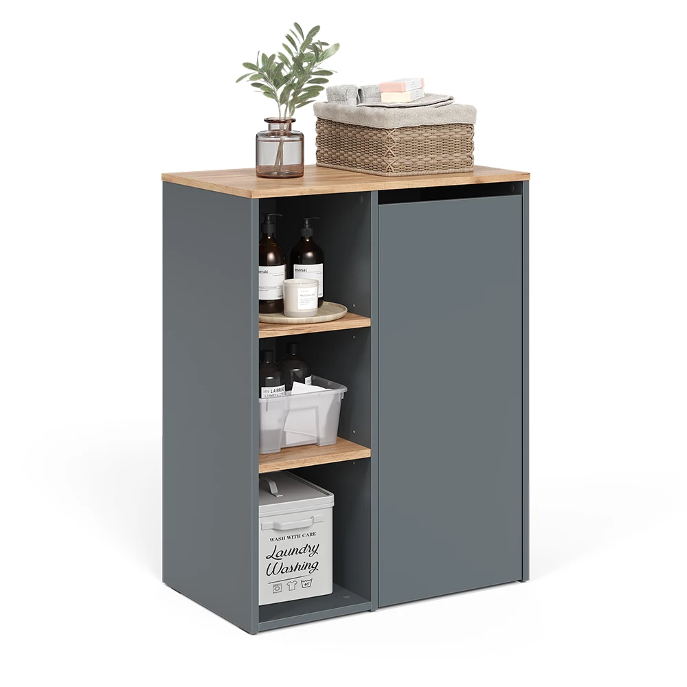Vicco Badschrank "Viktor", Anthrazit/Goldkraft Eiche, 68 x 88.2 cm , mit offenen Regalen und Wäschekorb