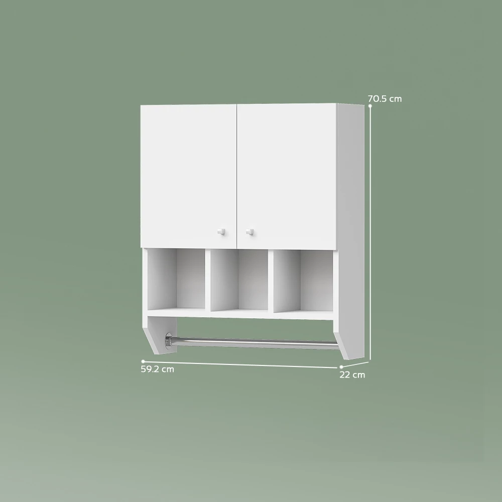 Badschrank in Weiß auf weißem Hintergrund mit sichtbaren Maßen