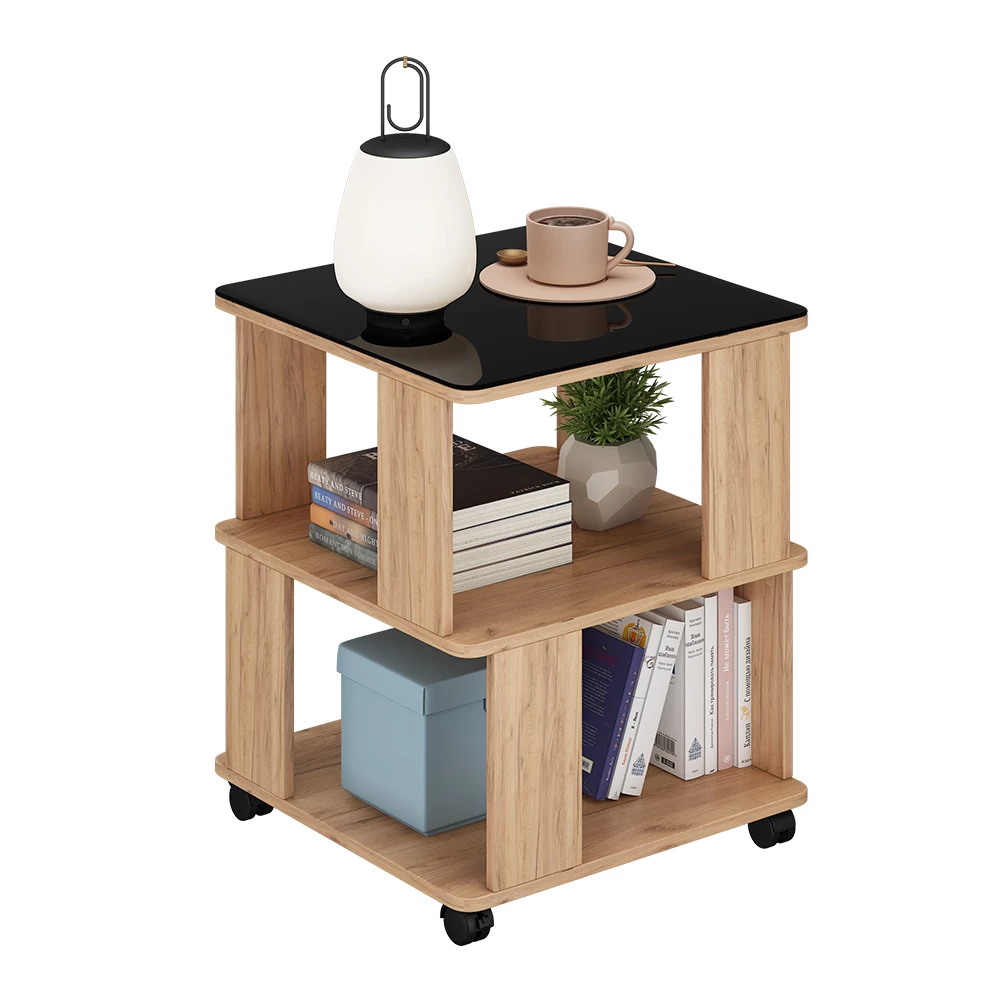 Salontafel in Goldkraft eik/zwart op een witte achtergrond met decoratieve elementen