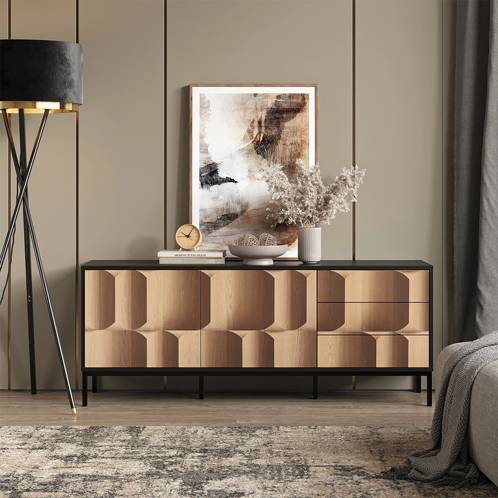 Lowboard in Schwarz/Eiche auf weißem Hintergrund