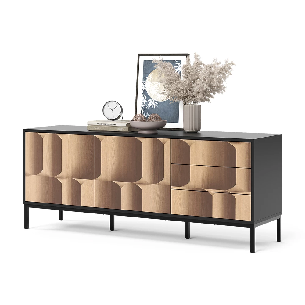 Lowboard en noir/chêne sur fond blanc avec des éléments décoratifs