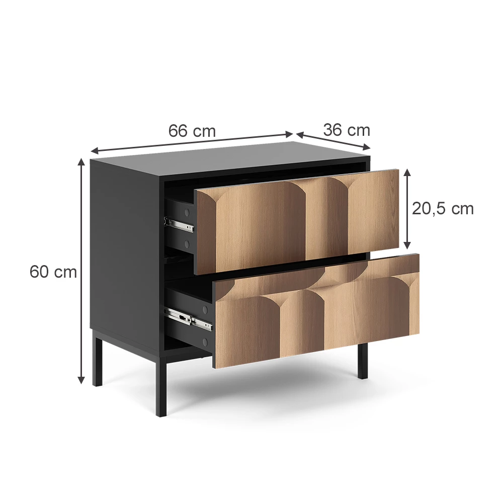 Vicco Nachttisch "Eliza", Schwarz/Eiche, 66 x 60 cm mit 2 Schubladen