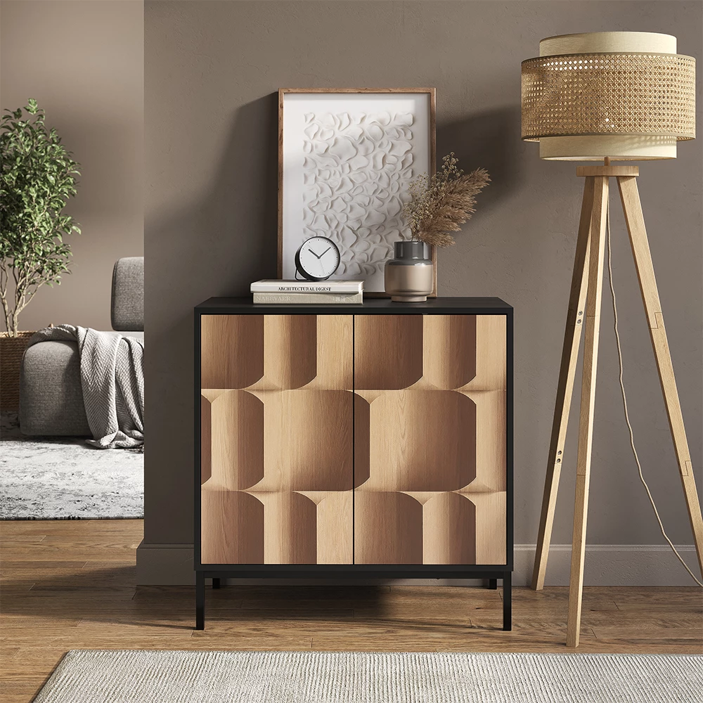 Sideboard in Schwarz/Eiche auf weißem Hintergrund