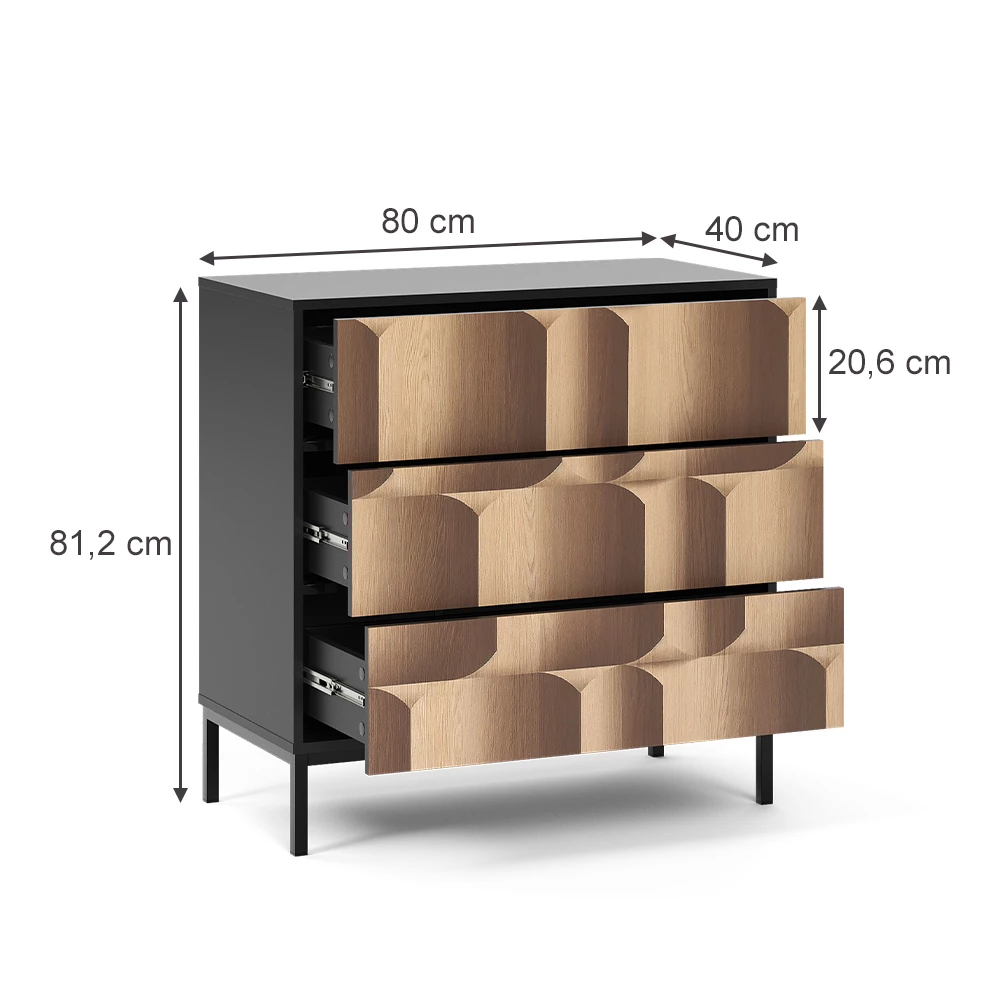 Kommode i farven Sort/eg på hvid baggrund