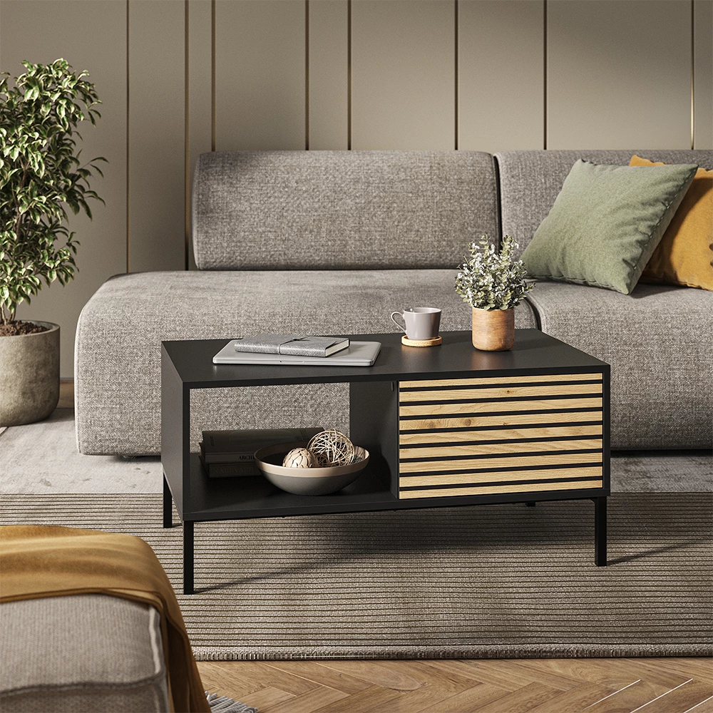 Sofabord i farven Guld power eg/antracit på hvid baggrund med dekorative elementer