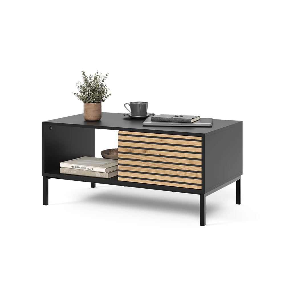 Salontafel in Eik goud/antraciet op een witte achtergrond met decoratieve elementen