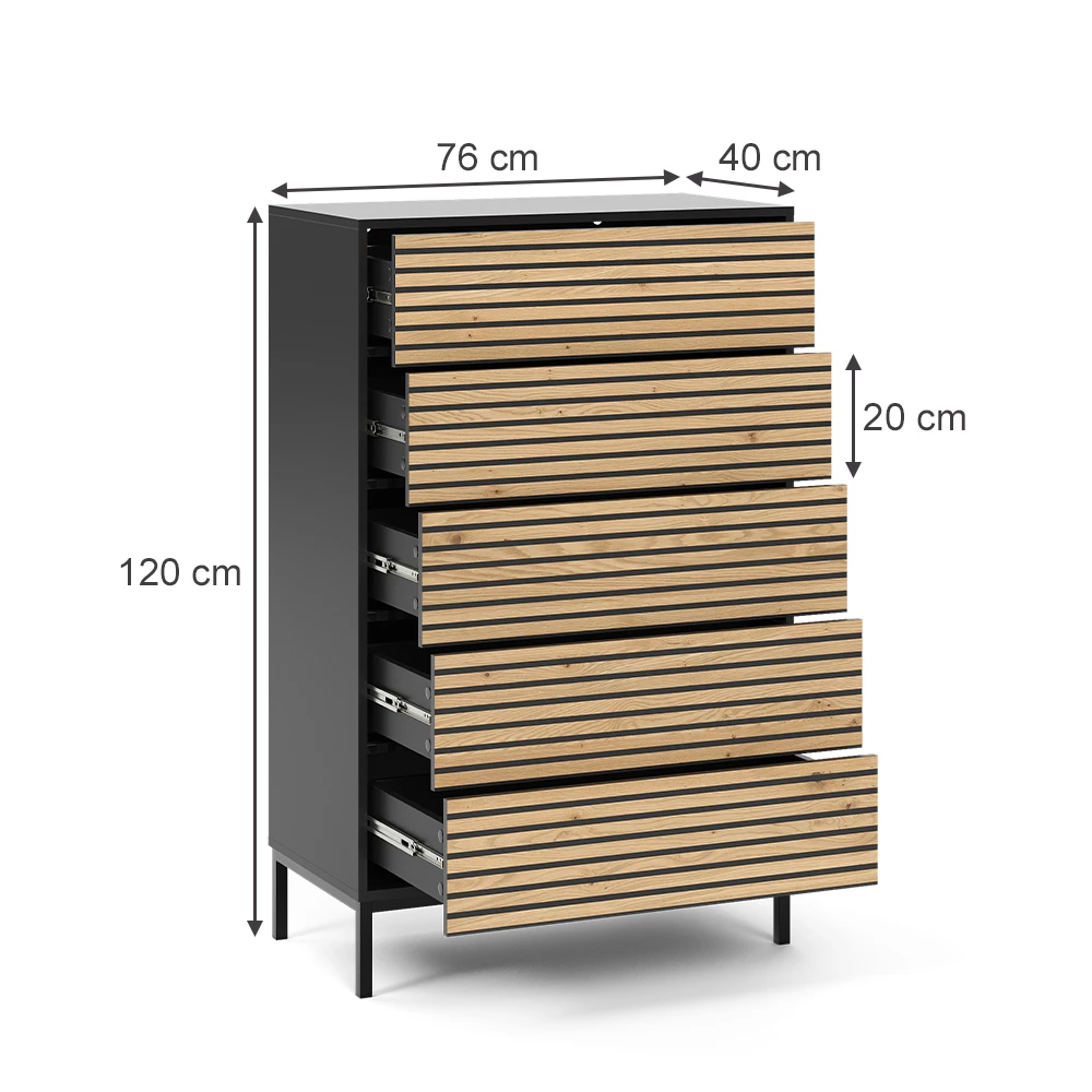 Vicco Kommode "Eliza", Schwarz/Eiche, 76 x 120 cm mit 5 Schubladen