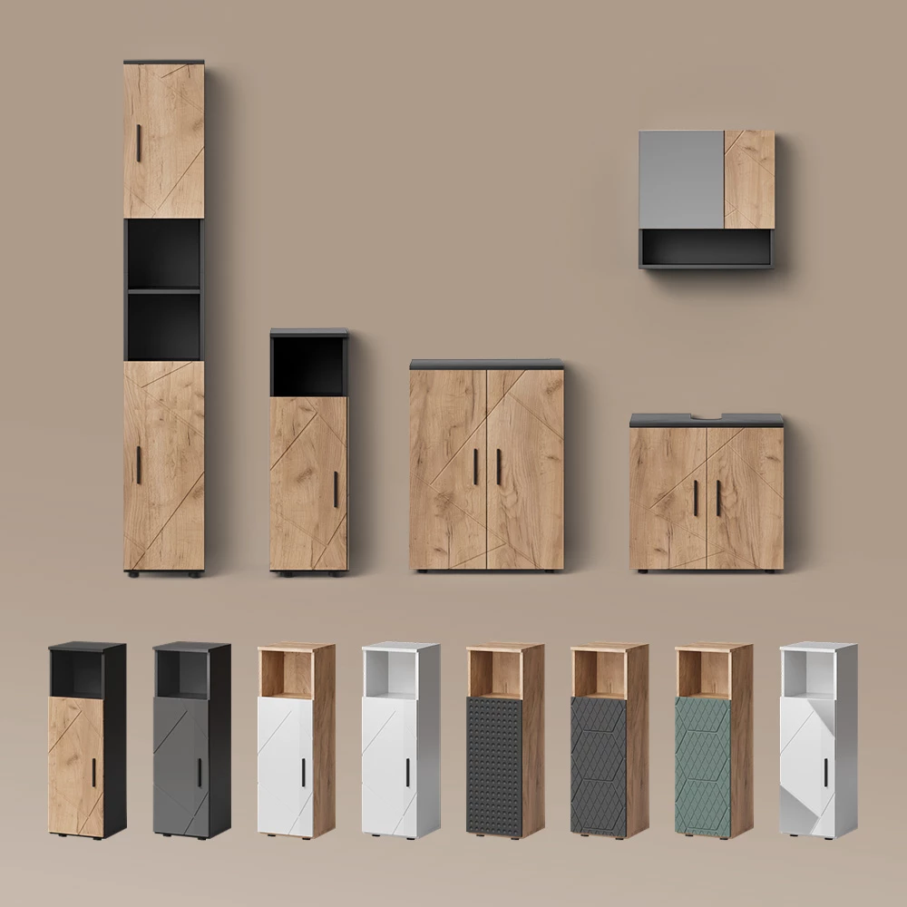 Badmöbel-Set Ronco Grün/Goldkraft Eiche 4 Teile, mit Hochschrank livinity®