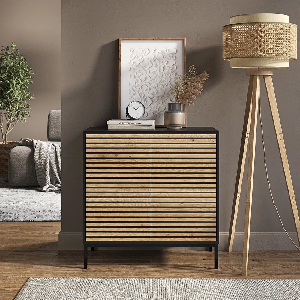 Kommode in Goldkraft Eiche/Anthrazit auf weißem Hintergrund