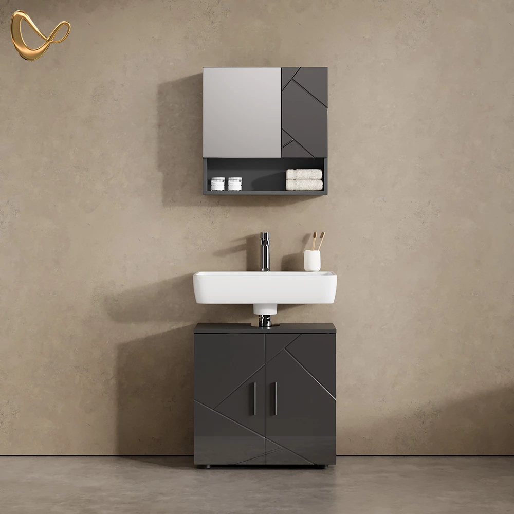 Badmöbel-Set Ronco Anthrazit Hochglanz 2 Teile, Unterschrank 60 cm livinity®