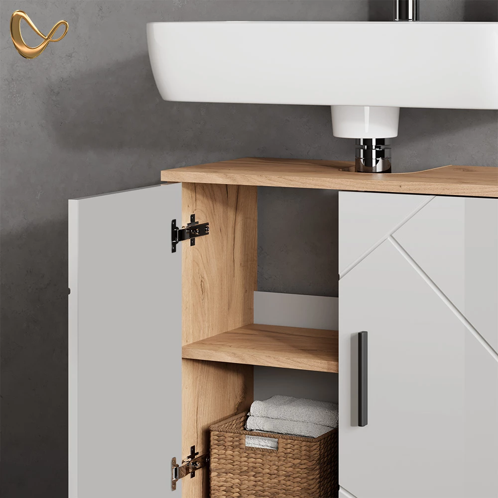 Nahaufnahme von Waschbeckenunterschrank in Weiß Hochglanz/Goldkraft Eiche, zeigt Design- und Oberflächendetails