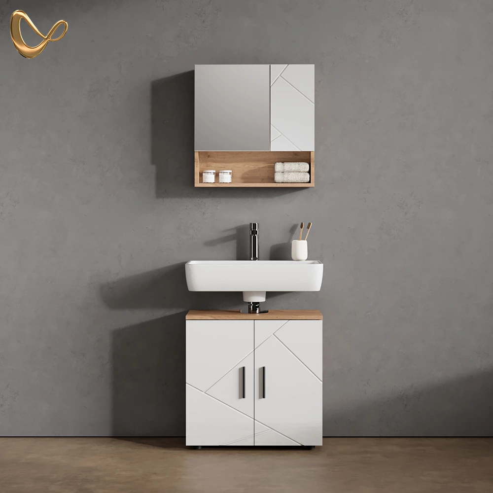 Badmöbel-Set Ronco Weiß Hochglanz/Goldkraft Eiche 2-teilig livinity®
