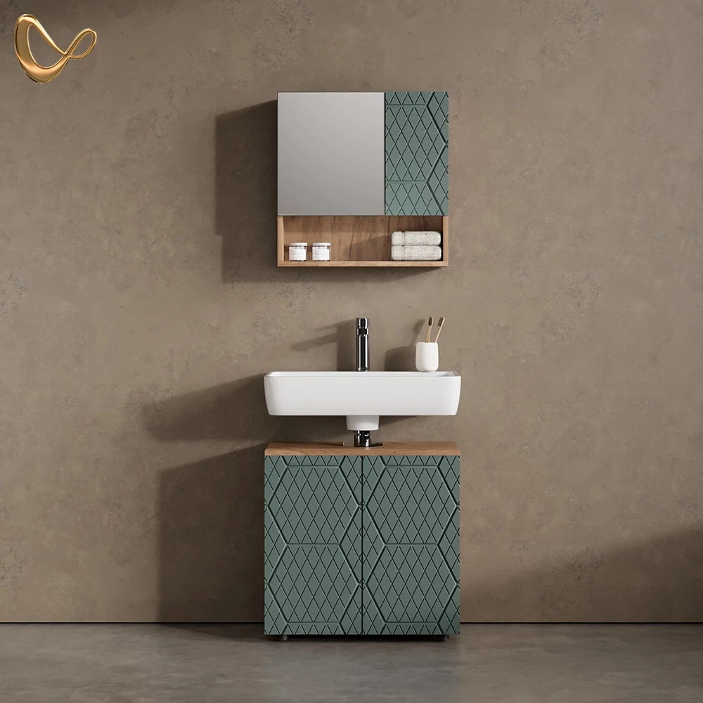 Badmöbel-Set Ronco Grün/Goldkraft Eiche 2 Teile, Unterschrank 60 cm livinity®