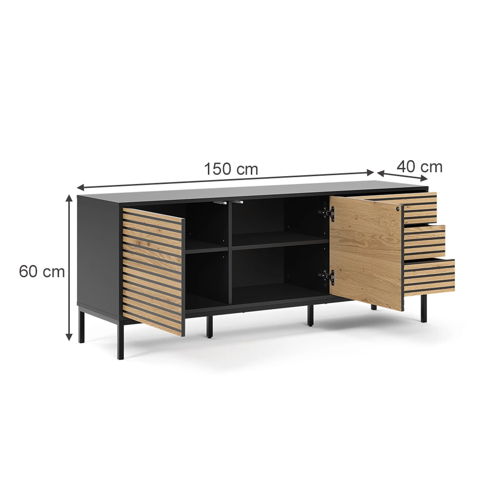 Vicco Komoda "Eliza", Črna/oak, 150 x 60 cm s 3 predali