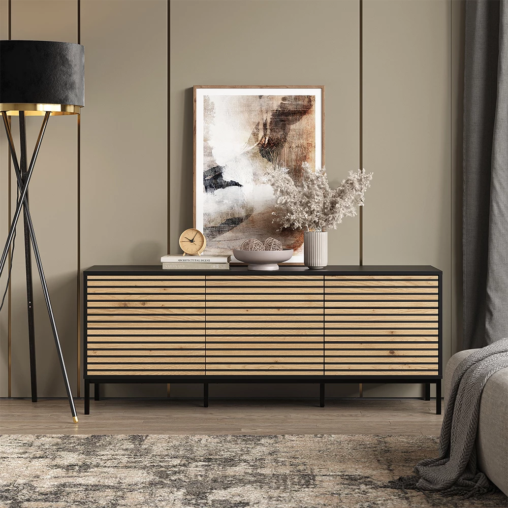 Lowboard in Goldkraft Eiche/Anthrazit auf weißem Hintergrund