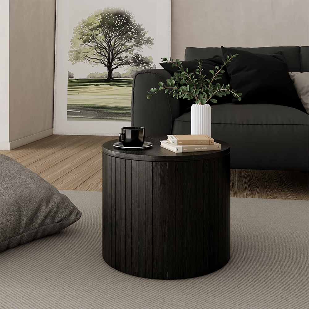 Sofabord i farven Eg/sort på hvid baggrund med dekorative elementer