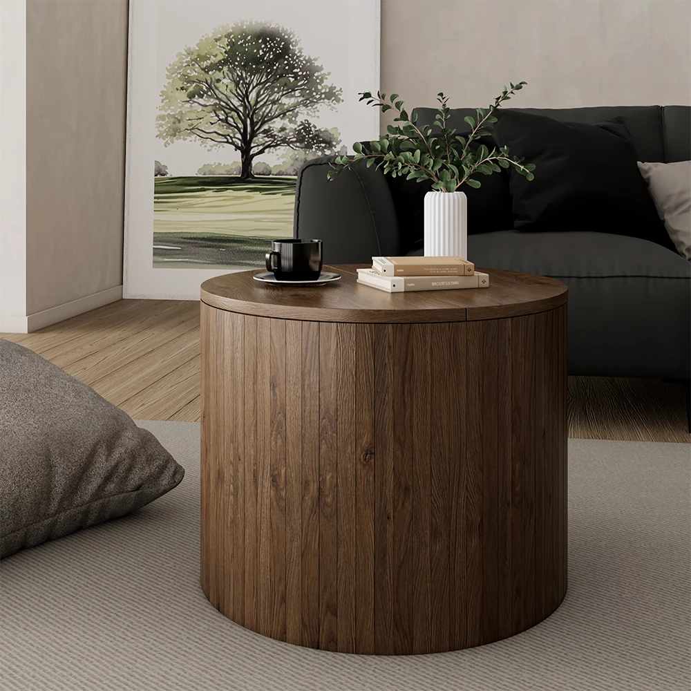 Sofabord i farven Valnød på hvid baggrund med dekorative elementer