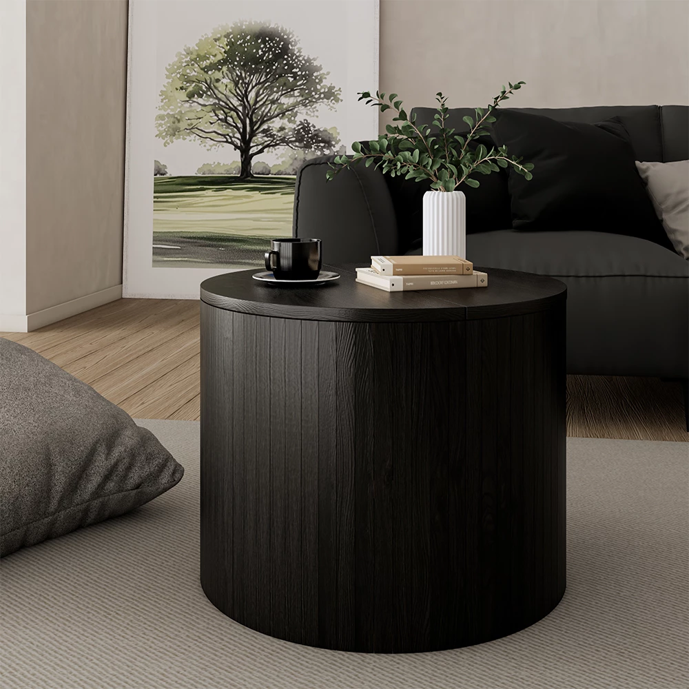 Sofabord i farven Eg/sort på hvid baggrund med dekorative elementer