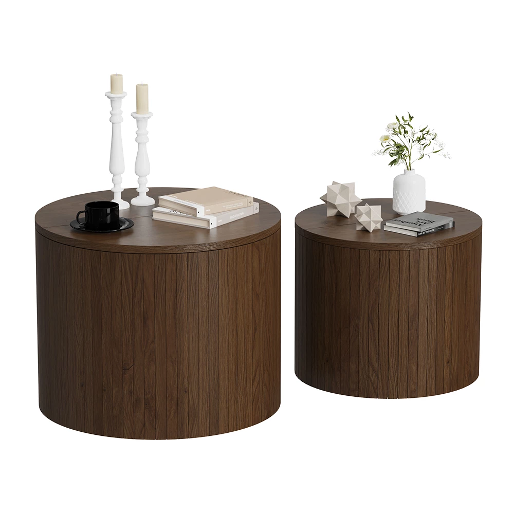 Coffee table set in Walnut on white background with decorative elements