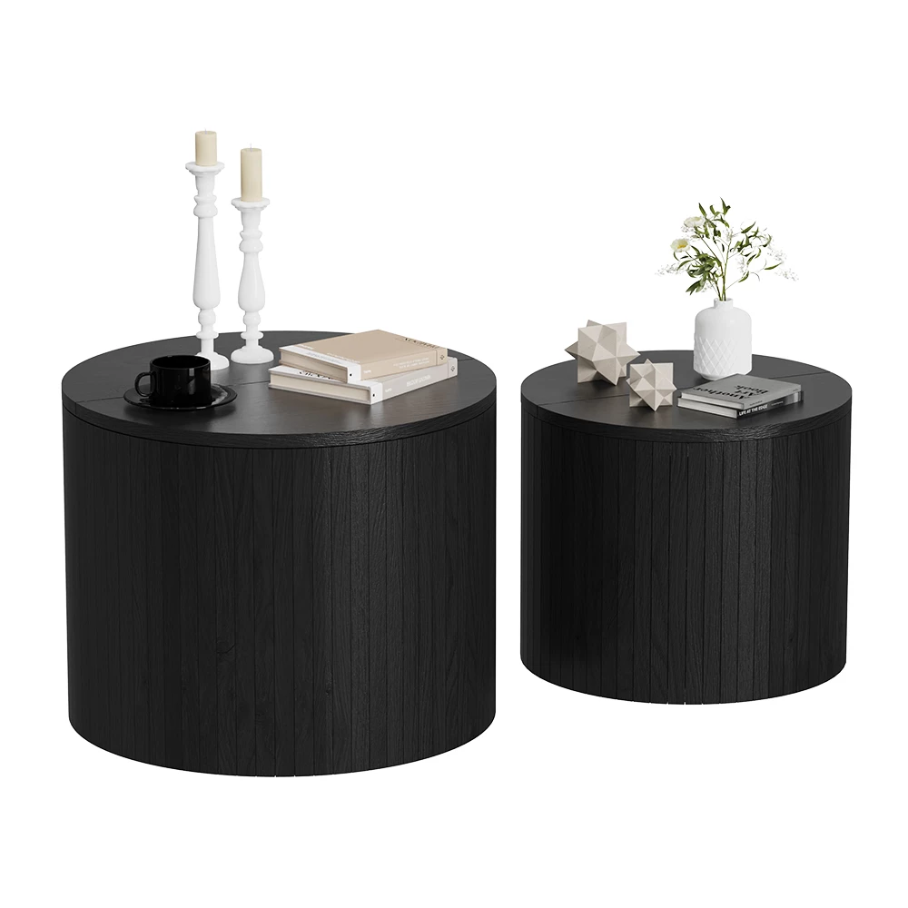 Salontafel set in Eiken/zwart op een witte achtergrond met decoratieve elementen