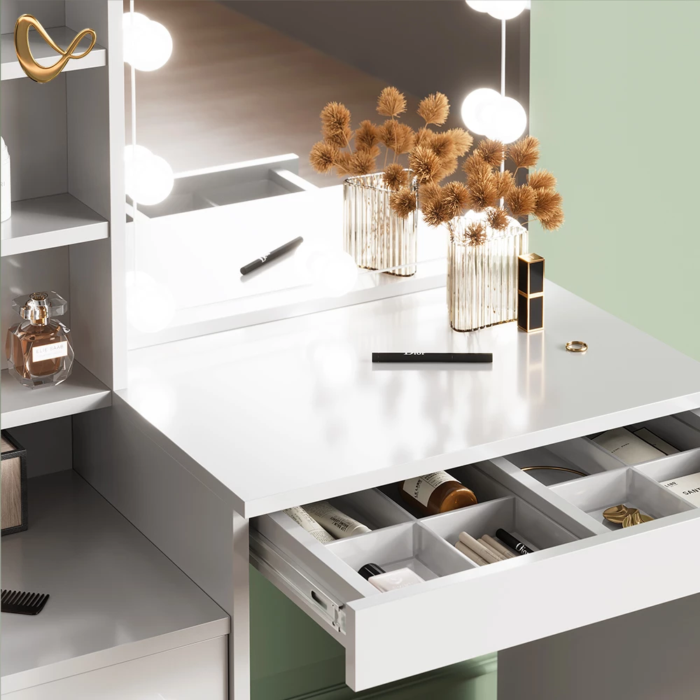 Nahaufnahme von Schminktisch in Weiß, zeigt Design- und Oberflächendetails
