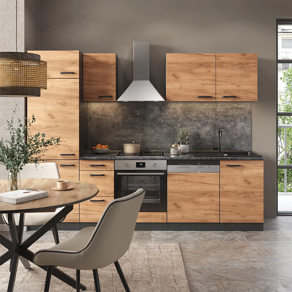 Vicco Køkkenrække Guld power eg/antracit 270 cm Uden bordplade, med højskab, Optima