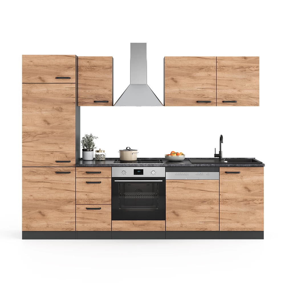 Keukenblok in Eik goud/antraciet on white background with decorative elements