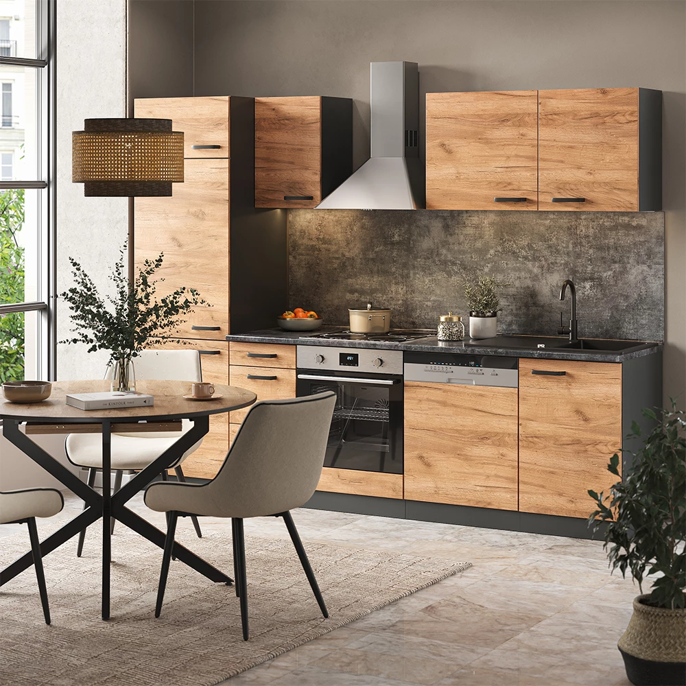 Keukenblok Optima Eik goud/antraciet 270 cm Zonder werkblad, met hoge kast Vicco