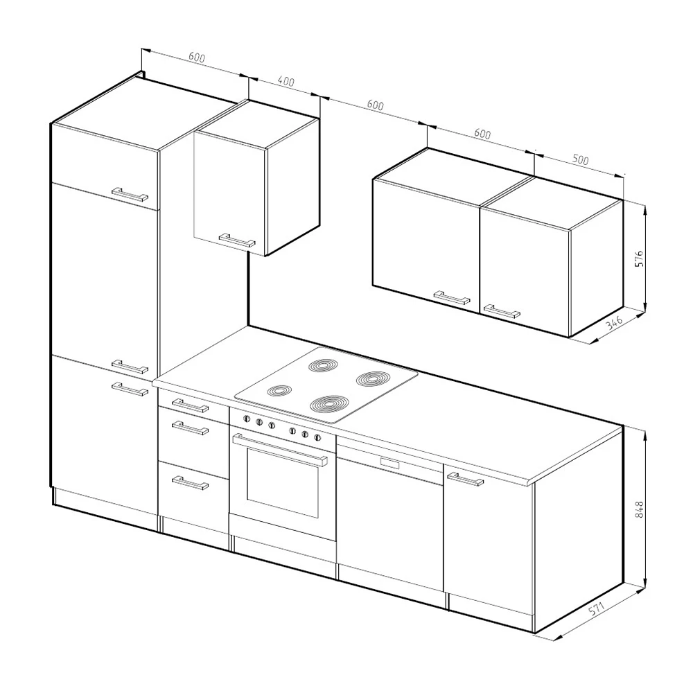 Keukenblok in Eik goud/antraciet on white background with visible dimensions